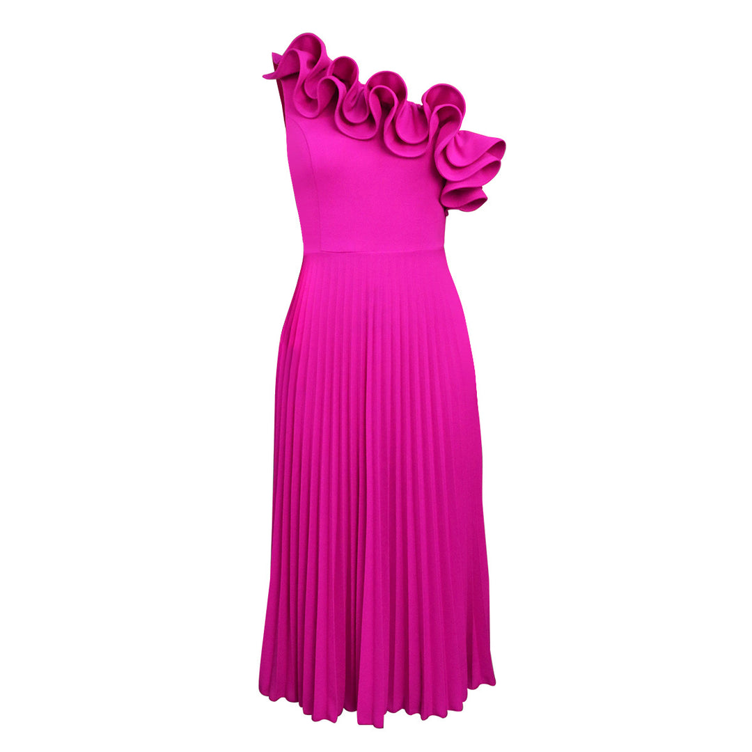 Damen Elegantes Midi-Kleid mit asymmetrischem Rüschen-Ausschnitt Drune