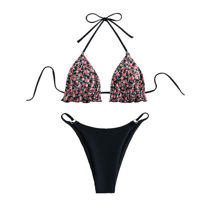 Damen Triangel-Bikini mit floralem Rüschendetail und sportlichem Höschen Drune