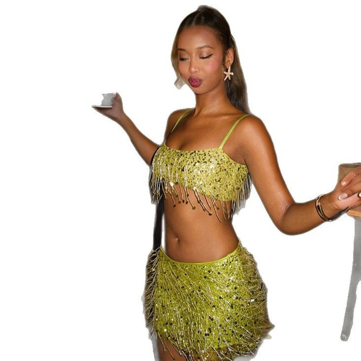 Damen Glitzerndes Crop-Top und Minirock-Set mit Fransen Drune