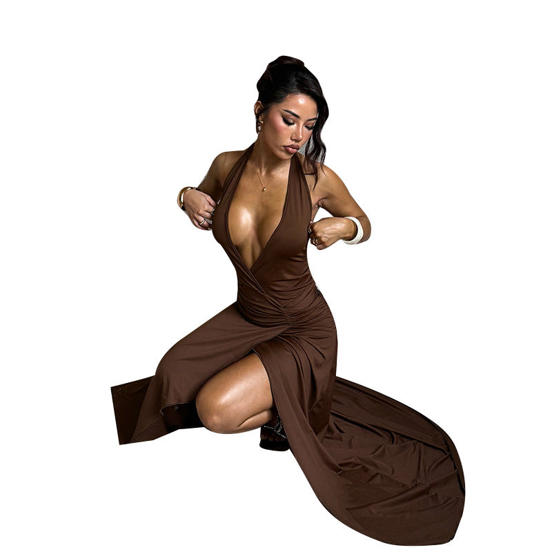 Damen elegantes Wickelkleid mit tiefem V-Ausschnitt und asymmetrischem Rock Drune