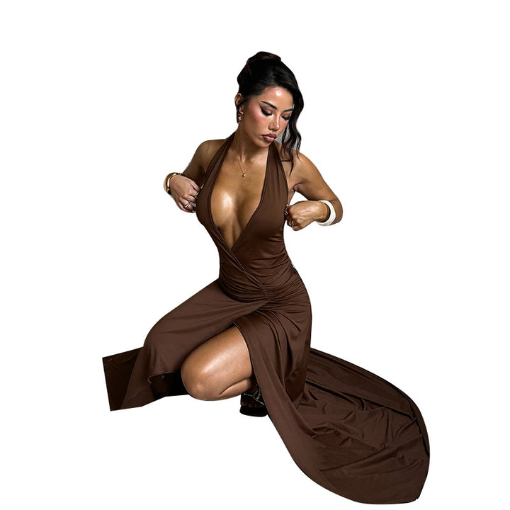 Damen elegantes Wickelkleid mit tiefem V-Ausschnitt und asymmetrischem Rock Drune