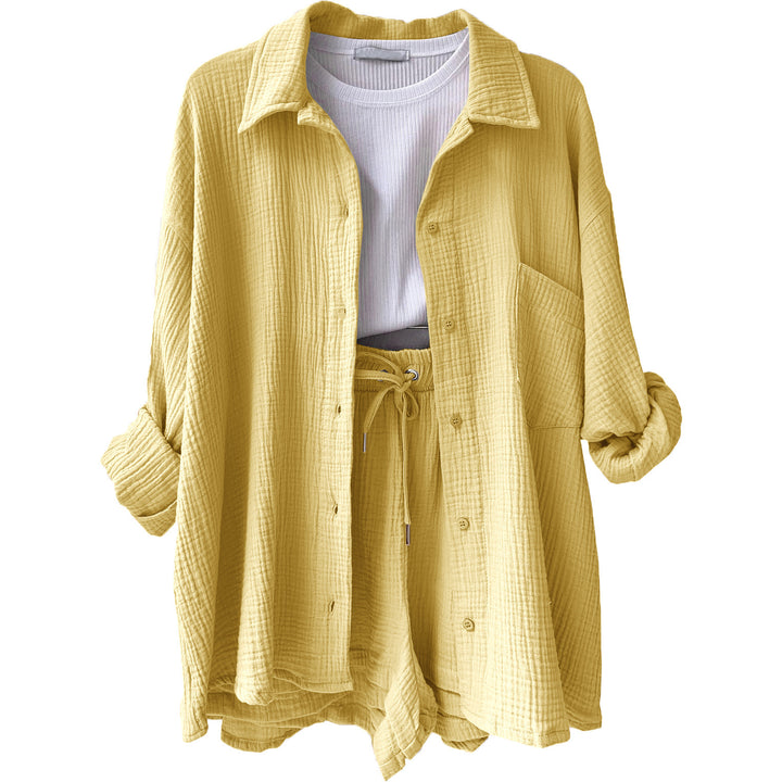 Damen nan lässiges oversized Hemd und Shorts Set mit Brusttasche Kordelbund und gerauter Baumwollstruktur Drune