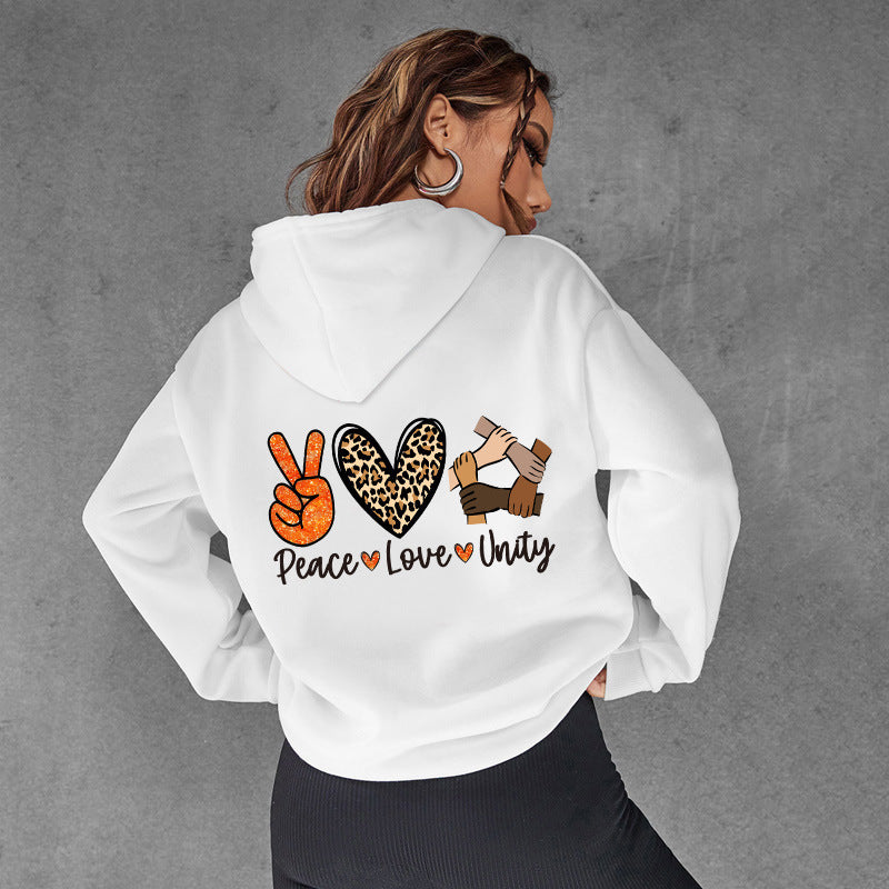 Damen Kapuzenpullover mit hochwertigem Peace-Love-Unity-Design Drune