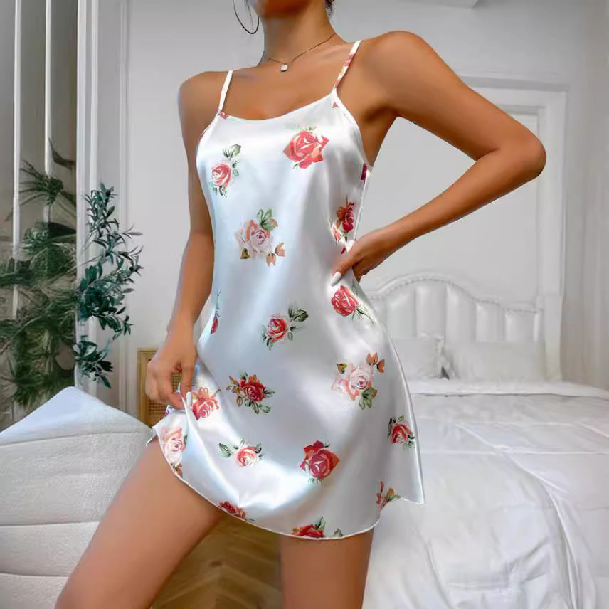 Damen Satin-Nachtkleid mit floralem Design und Spaghettiträgern Drune