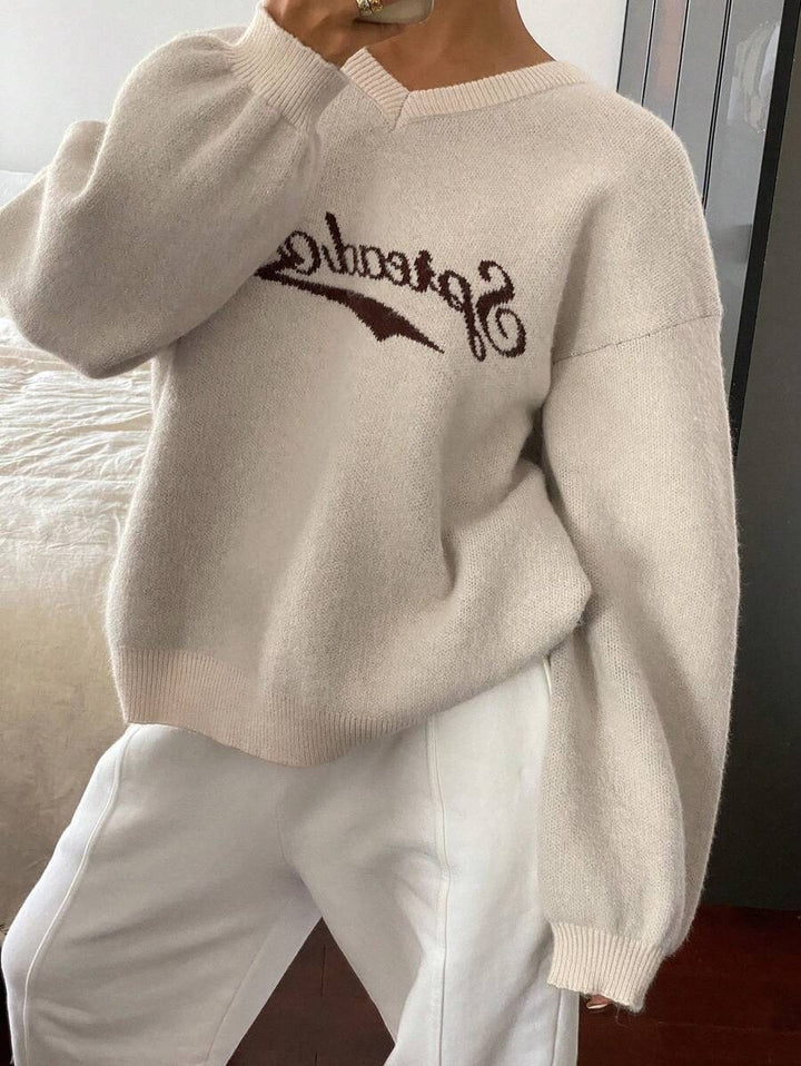 Damen Strickpullover mit modernem V-Ausschnitt und voluminösen Ärmeln Drune