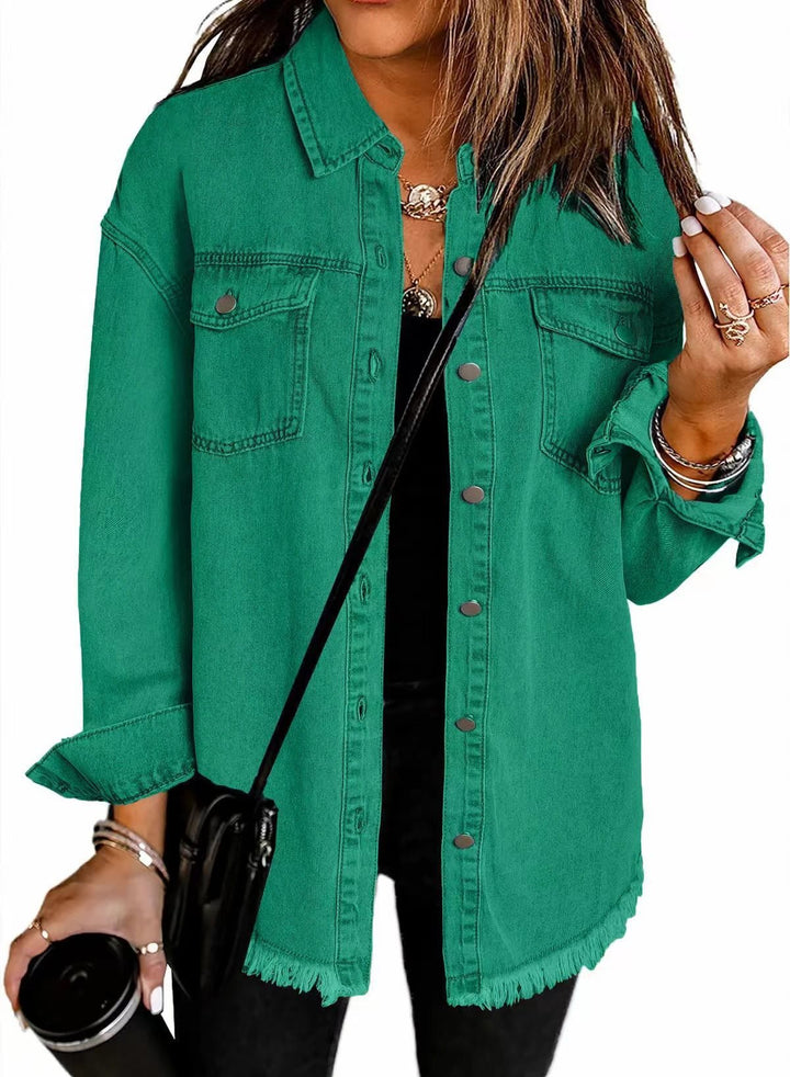 Damen Jeanshemd mit fransigem Saum und praktischen Taschen Drune