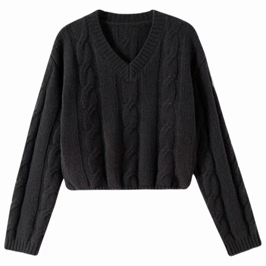 Damen Strickpullover mit Zopf-Muster und V-Ausschnitt Drune