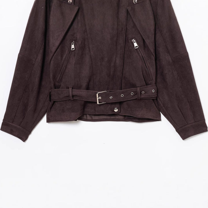 Damen modische Wildlederjacke mit Taillengürtel und asymmetrischem Reißverschluss Drune