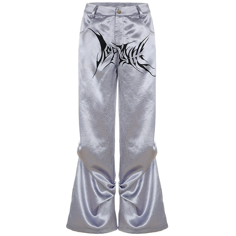 Damen Satin-Hosen mit dekorativem Grafikdruck und weitem Bein Drune