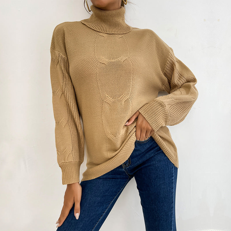 Damen modischer Pullover im groben Strickdesign mit hohen Kragen Drune