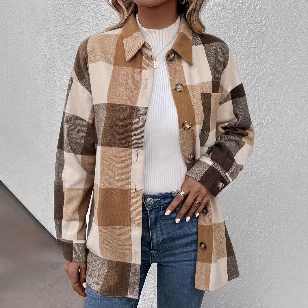 Damen Karierte Overshirtjacke aus weich strukturiertem Material Drune