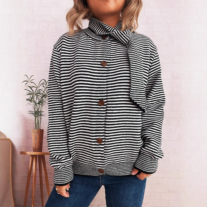 Damen gestreifter Strickcardigan mit hohem Kragen und dekorativen Knöpfen Drune
