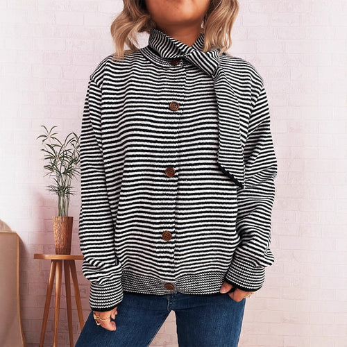 Damen gestreifter Strickcardigan mit hohem Kragen und dekorativen Knöpfen Drune