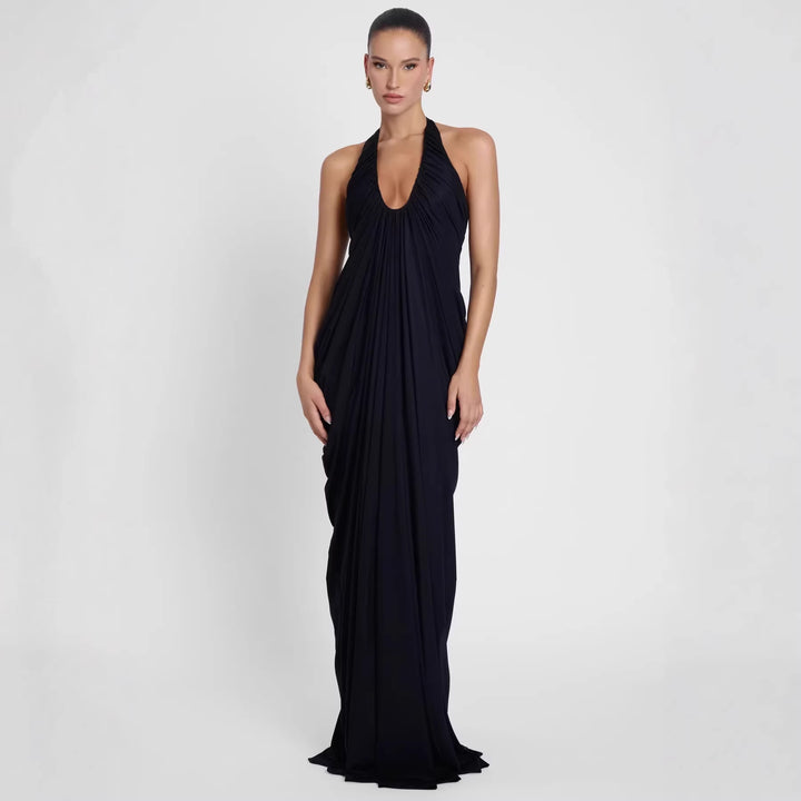 Damen Elegantes Maxikleid mit tiefem V-Ausschnitt und fließendem Drapé Drune