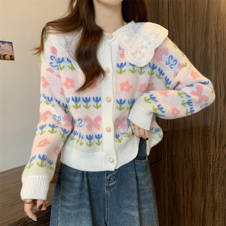 Damen modische Strickjacke mit Spitzenkragen und Floral-Design Drune