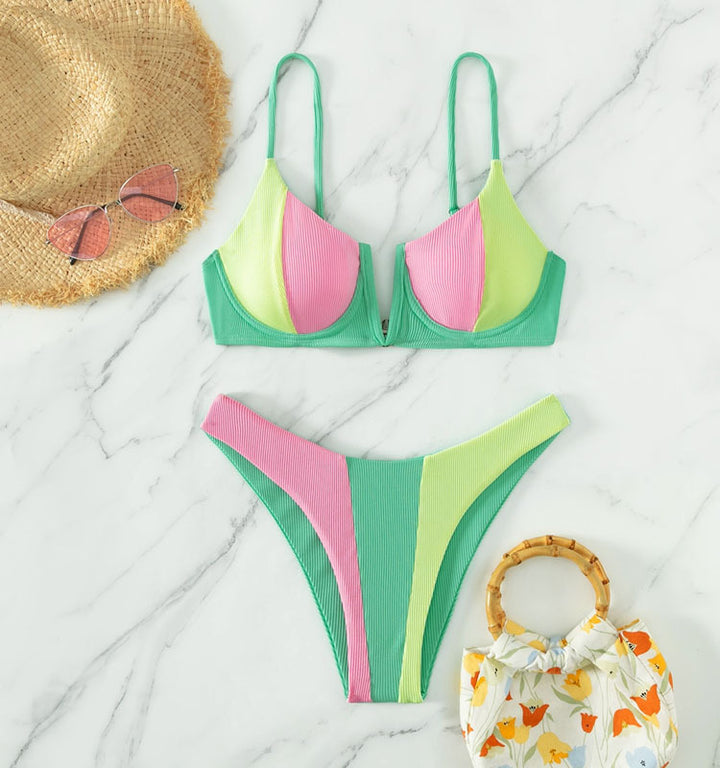 Damen Zweiteiliges Bikini-Set mit dreifarbigen Design und hohem Beinausschnitt Drune
