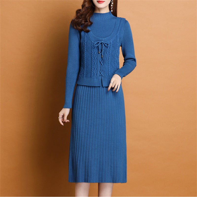 Damen elegantes Strickkleid mit hochgeschlossenem Kragen und dekorativem Zopfdesign Drune