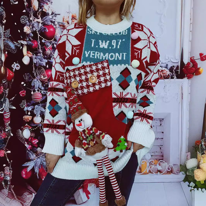 Damen festlicher Pullover mit winterlichem Schneemann-Motiv und dekorativen Details Drune