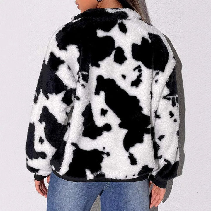 Damen Fleece-Pullover mit halbhohem Kragen und rustikalem Kuhmuster Drune