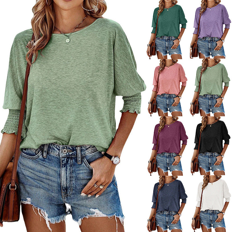 Damen lässiges Oversized T-Shirt mit modischen Puffärmeln und Rundhalsausschnitt Drune