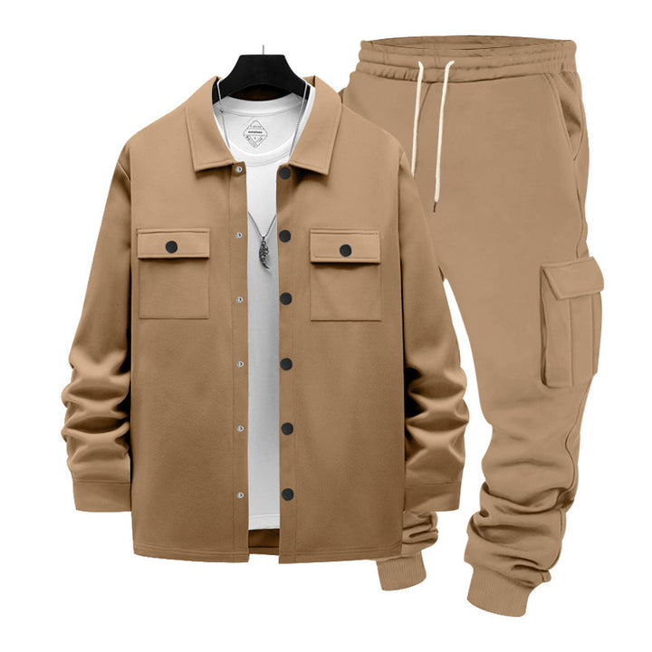 Herren nan lässiges Baumwoll-Misch Overshirt und Cargo-Jogger Set mit Kordelzug, Pattentaschen und elastischen Bündchen Drune