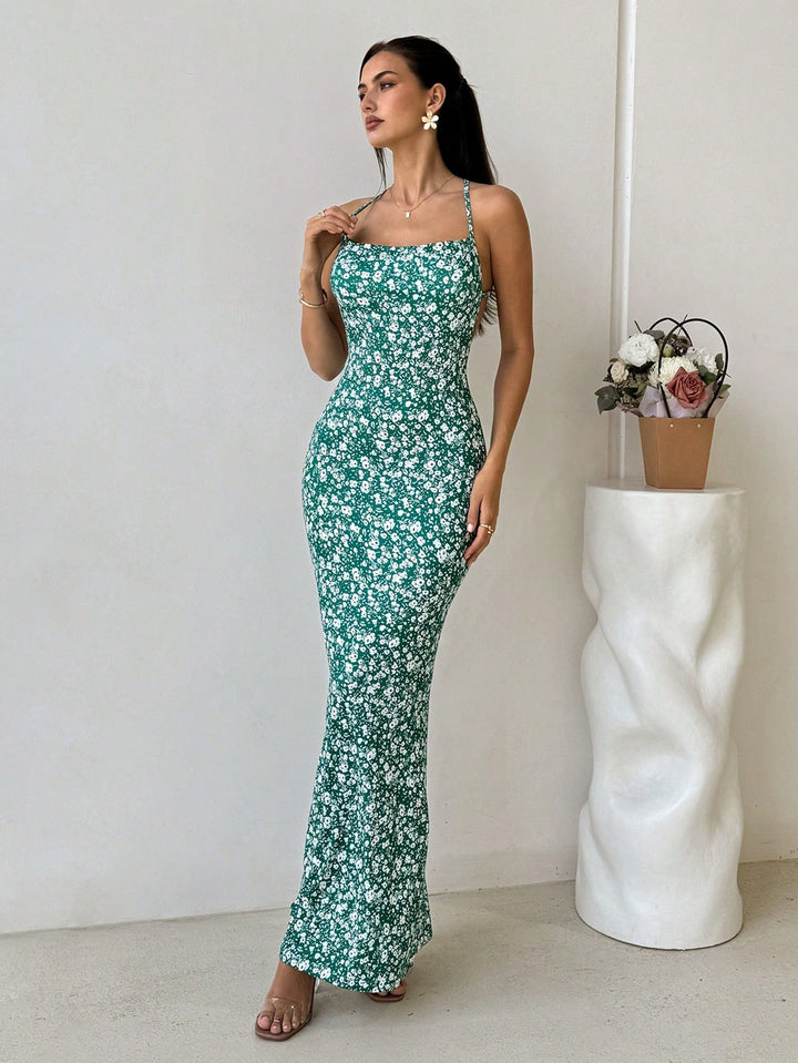 Damen Maxikleid mit verstellbaren Spaghettiträgern und floraler Druckdetail Drune