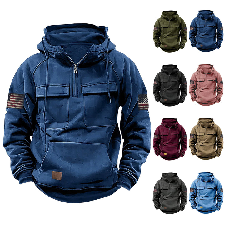 Herren nan Kapuzenpullover mit Halbzip, Cargo-Brusttaschen und Kängurutasche Drune
