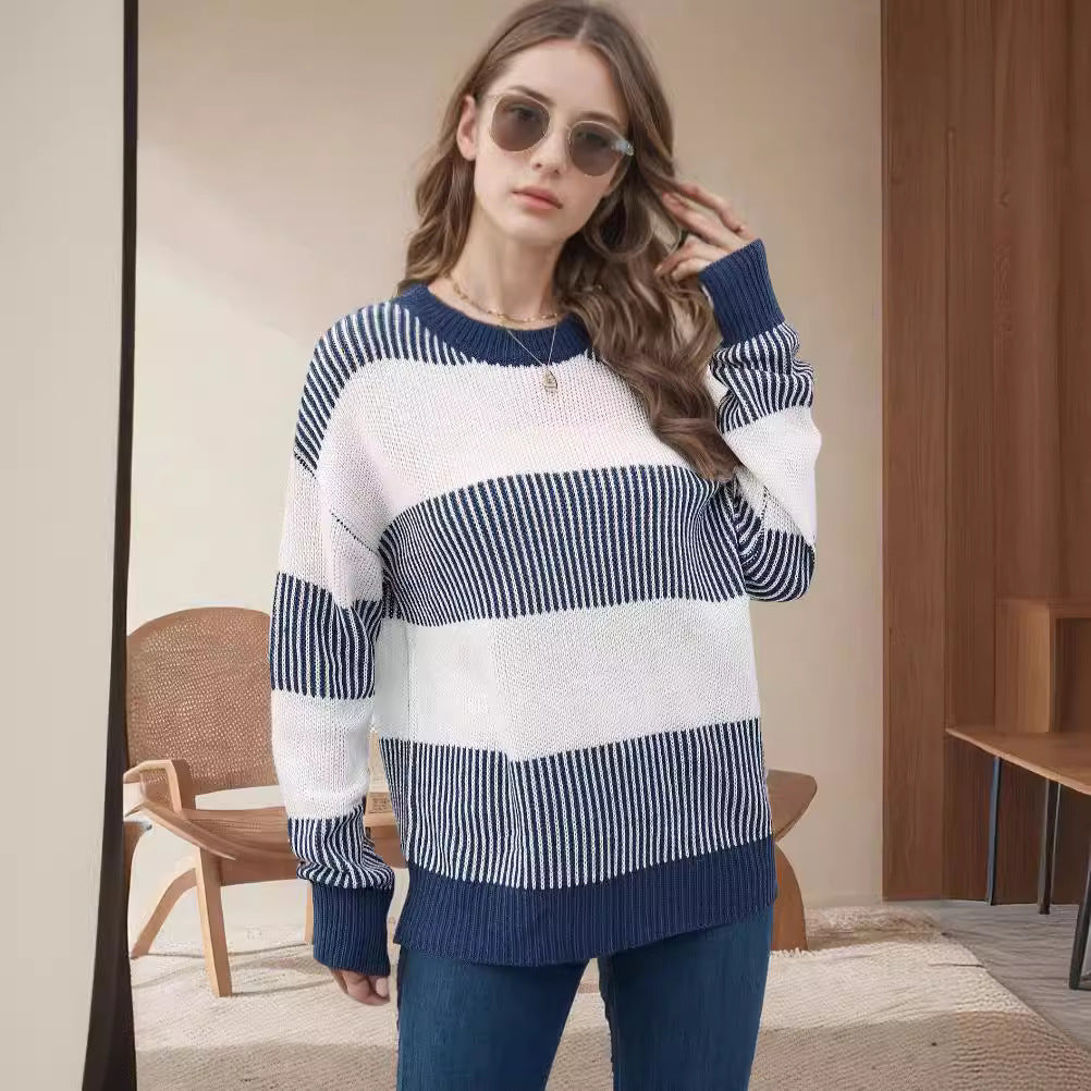 Damen gestreifter Strickpullover mit weitem Schnitt Drune