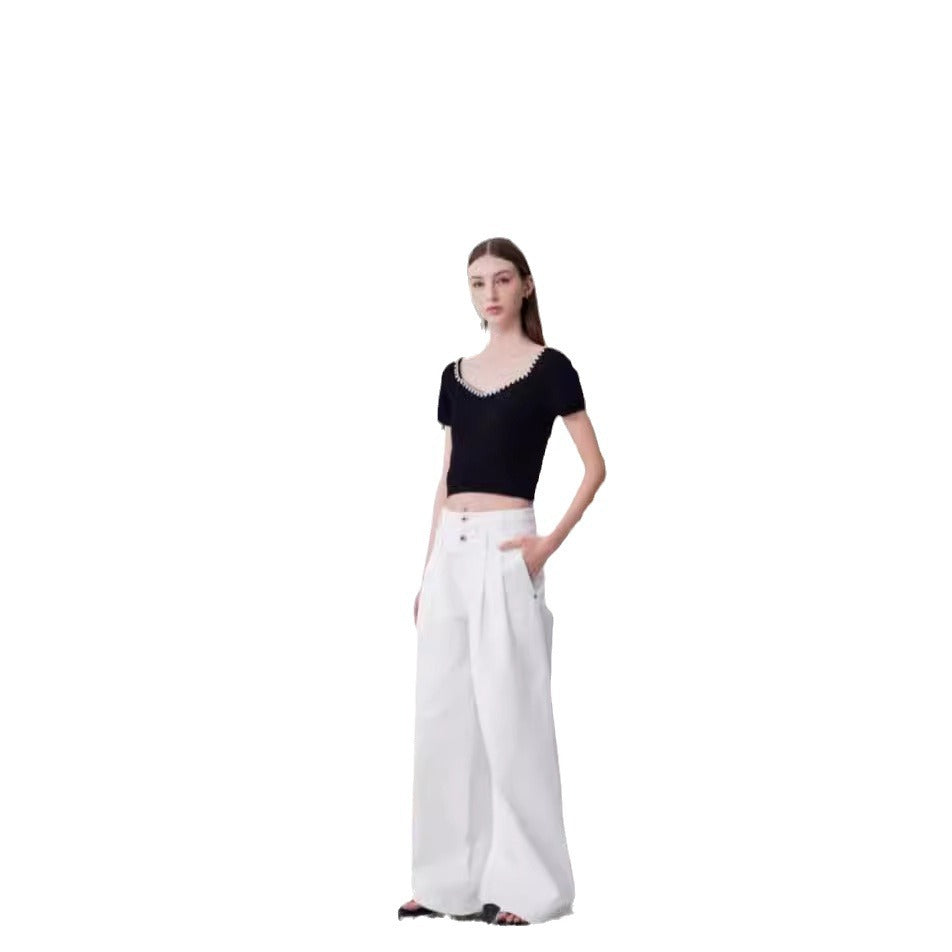 Damen Modisches Crop-Top mit elegantem Rundhalsausschnitt und dekorativen Knopfdetails Drune