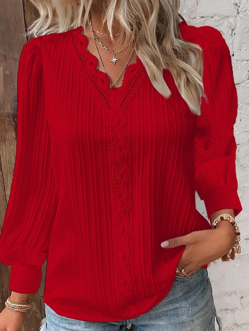 Damen nan romantische V-Ausschnitt Spitzenbluse mit Plissee und Puffärmeln Drune