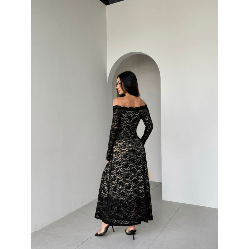 Damen Spitzenlangarmkleid mit schulterfreiem Design und eleganter Transparenz Drune