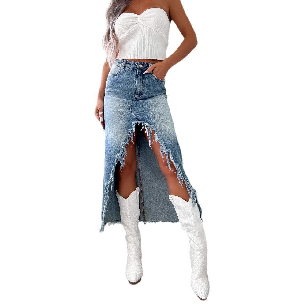 Damen Midilange Jeansrock mit teils fransigem Saum und hohem Schlitz Drune