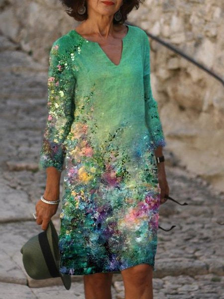 Damen elegantes Sommerkleid mit V-Ausschnitt und 3/4-Ärmeln Drune