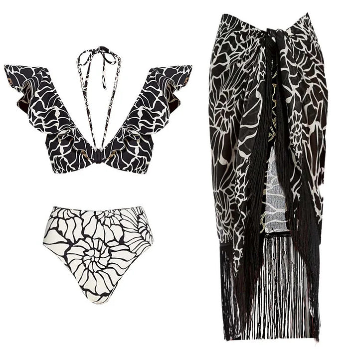 Damen Bikiniset mit voluminösen Rüschen und Hoher Taille Drune