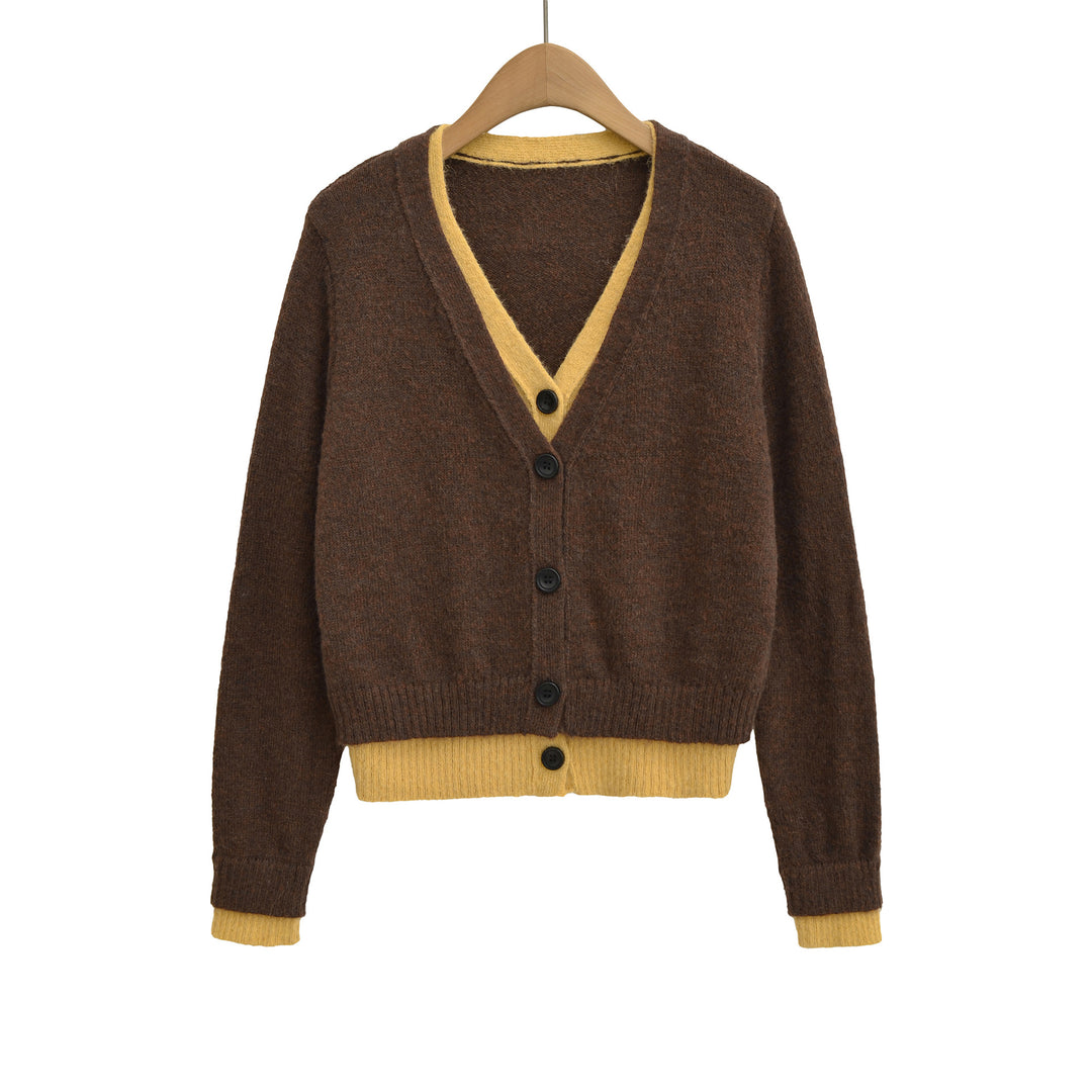 Damen elegante Strickjacke mit tiefem V-Ausschnitt und dekorativen Knöpfen Drune