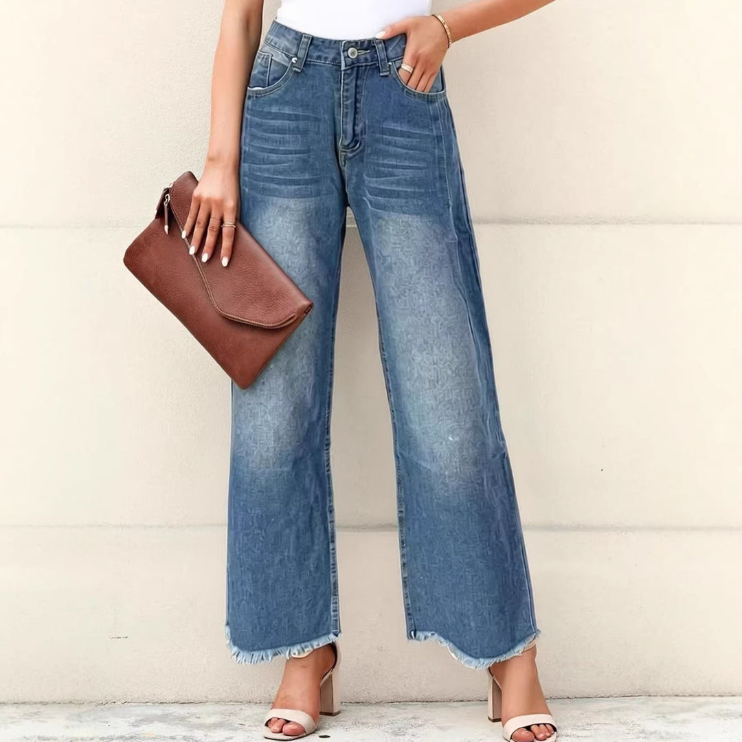Damen weite Denim-Jeans mit kreativem Muster und fransigem Saum Drune