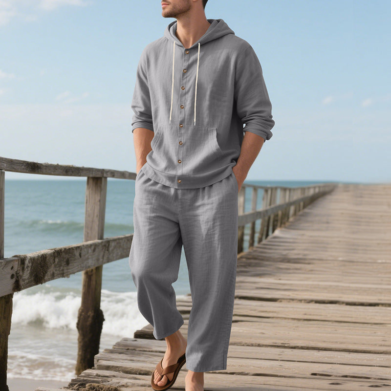 Herren nan legeres Leinen-Baumwoll-Ensemble mit Kapuzen-Oberteil und durchgehender Knopfleiste, Kängurutasche und knöchellanger weiter Hose Drune