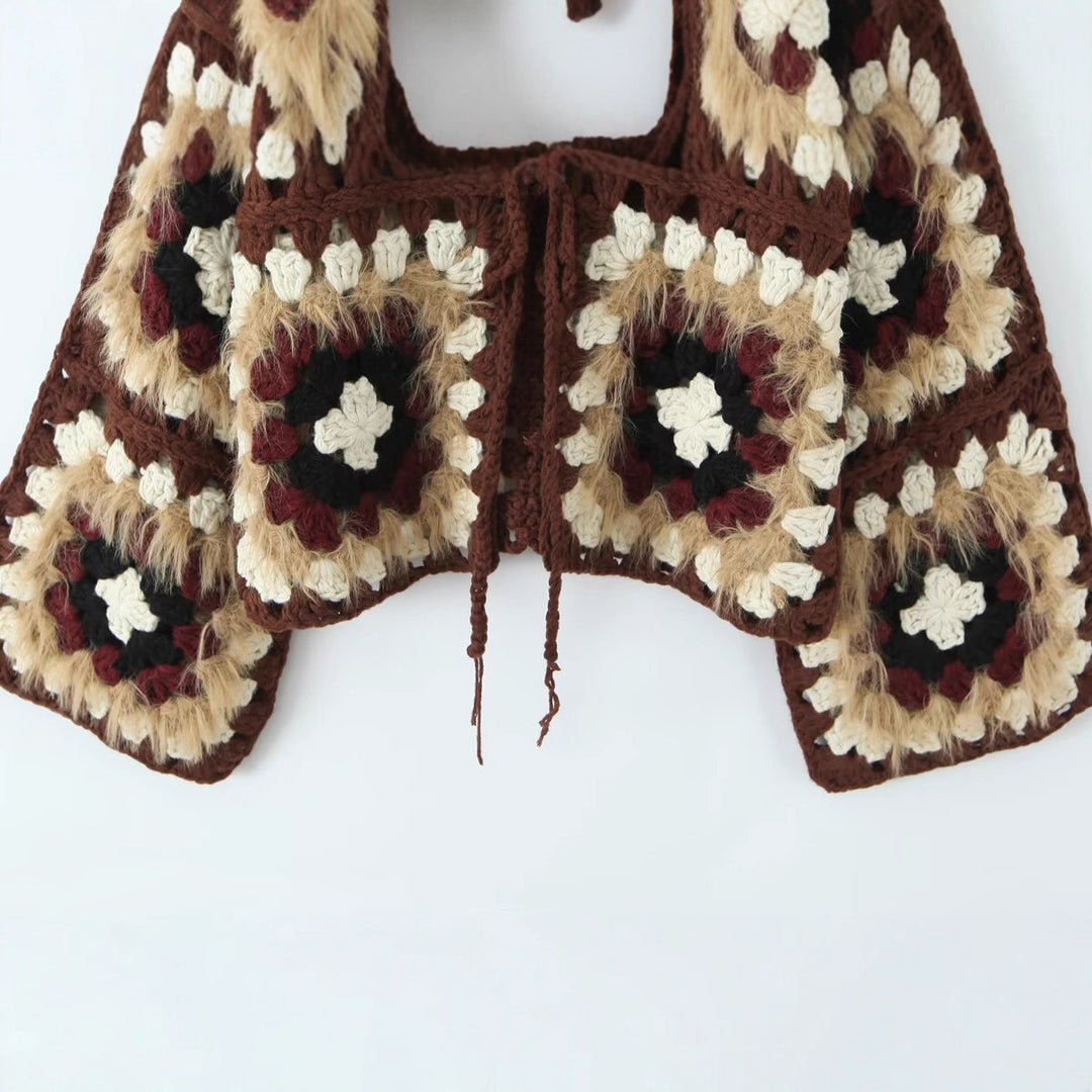 Damen lässige Strickjacke mit buntem Granny-Quadrat-Muster und Zipper Drune
