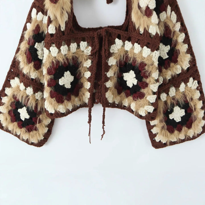 Damen lässige Strickjacke mit buntem Granny-Quadrat-Muster und Zipper Drune
