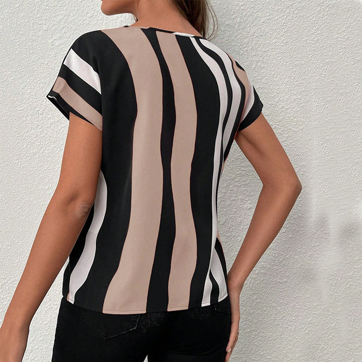 Damen modisches Kurzarmshirt mit V-Ausschnitt und Streifenmuster Drune