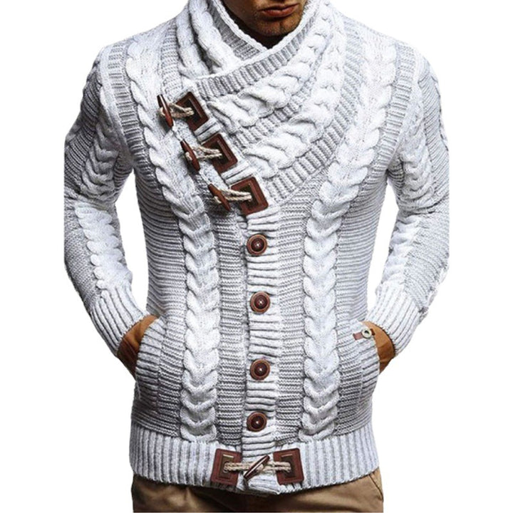 Herren Grobstrickjacke mit kreativem Schalkragen und Knopfdetails Drune
