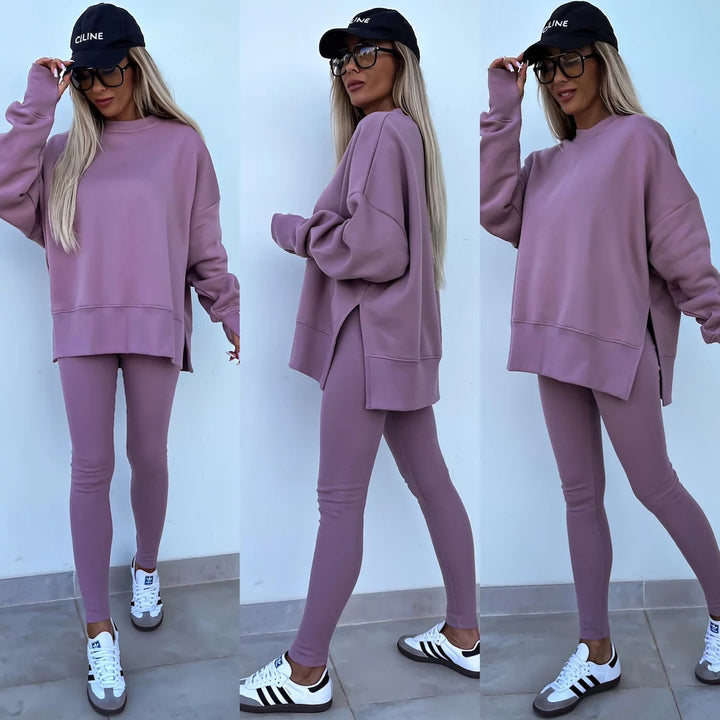 Damen nan Oversize Sweatshirt mit taillierten Rib-Leggings Set Drune