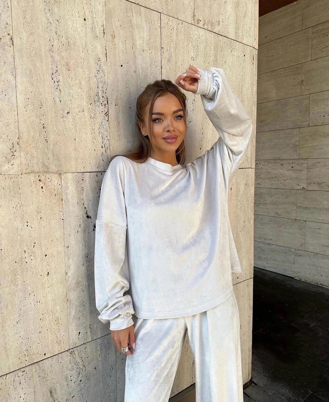 Damen luxuriöser Velours-Jogginganzug mit hohem Bund und weiten Beinen Drune