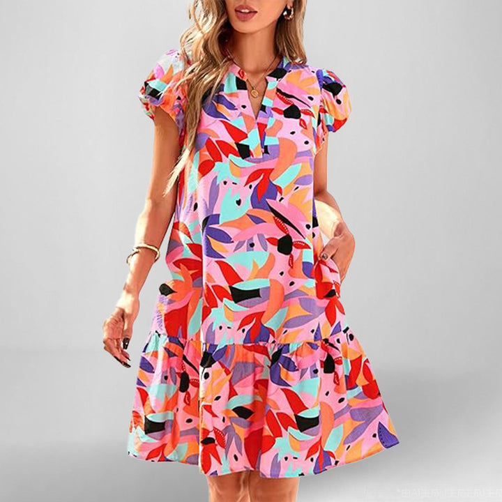 Damen Fließendes Kurzarm Kleid mit raffiniertem Rüschensaum Drune