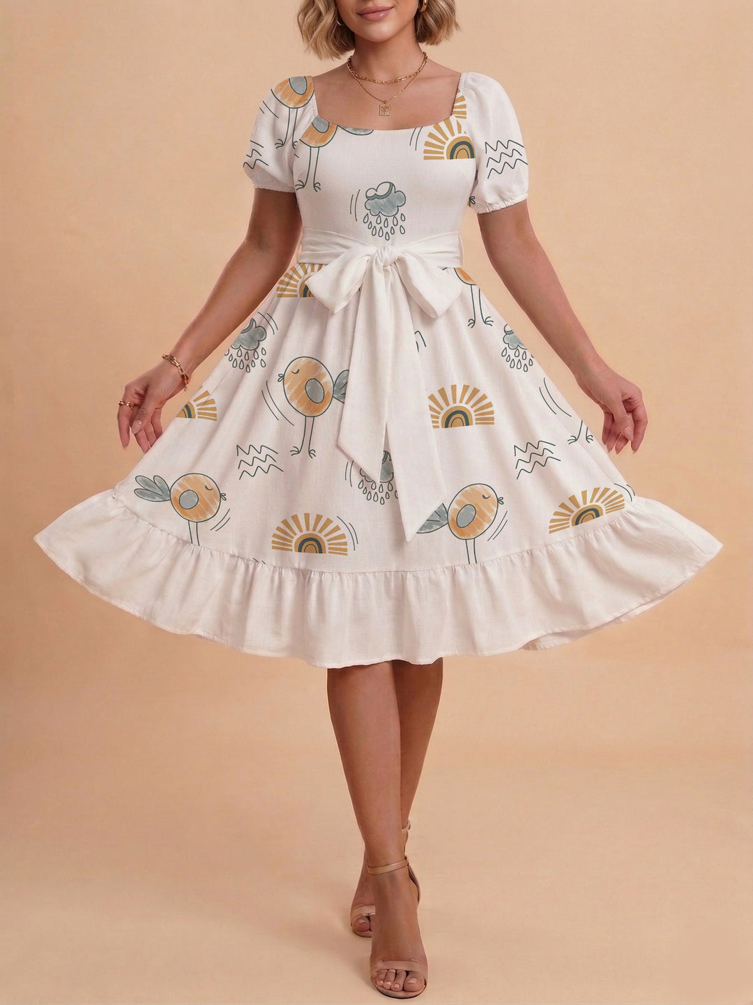 Damen Sommerliches Blumenkleid mit taillierbarem Gürtel und voluminösen Ärmeln Drune