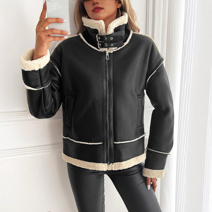 Damen stylische Kunstlederjacke mit Schaffellkragen Drune