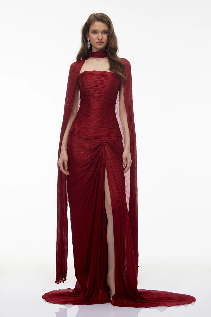 Damen Elegantes Maxikleid mit schulterfreier Silhouette und drapierter Cape-Optik Drune
