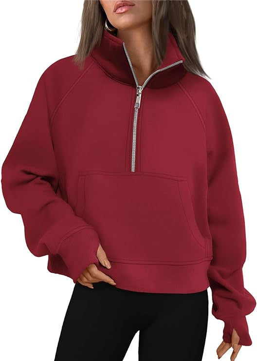 Damen nan verkürztes Oversize-Fleece-Sweat mit halbem Reißverschluss, Stehkragen, Kängurutasche und Daumenlochbündchen Drune