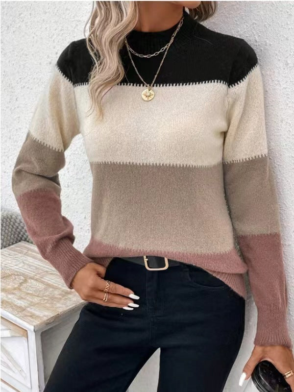 Damen Rundhals Strickpullover mit modernen Farbkombinationen Drune