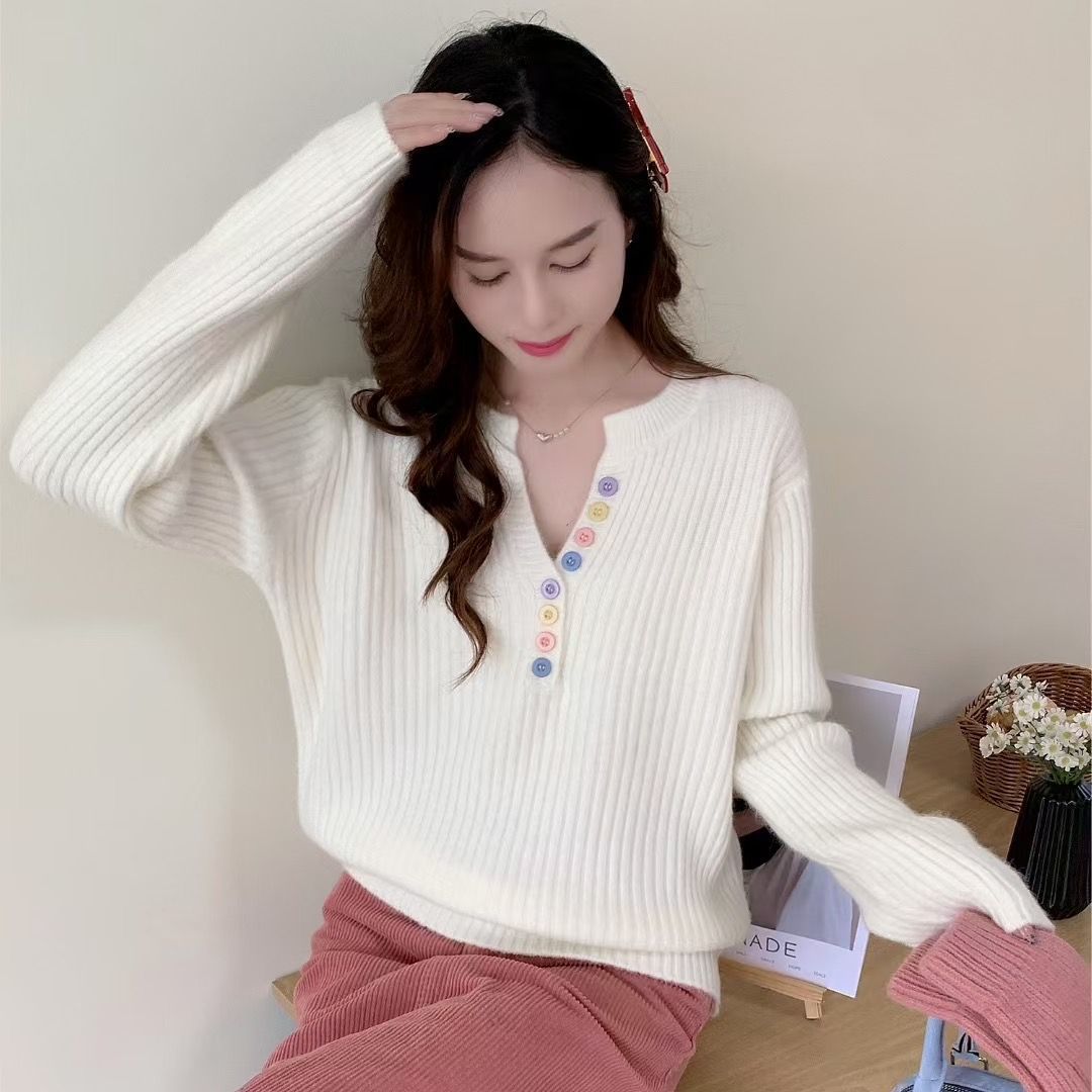 Damen Kuschel-Pullover mit Knopfleiste und Rundhalsausschnitt Drune